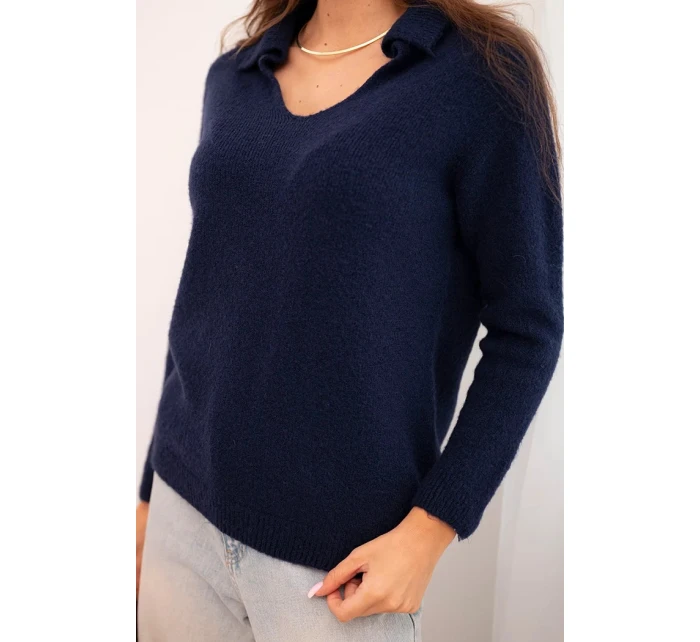 Dámský svetr z baby alpak s límcem a V výstřihem modrý