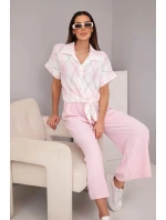 Dámský komplet z viskózy, košile s vázáním a kalhoty s gumou, pudrově růžová