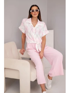 Dámský komplet z viskózy, košile s vázáním a kalhoty s gumou, pudrově růžová