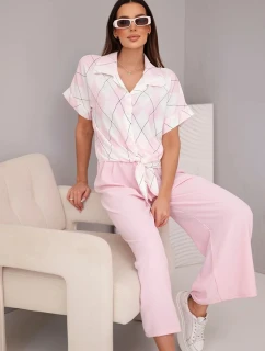 Dámský komplet z košile s vázáním a kalhoty s pudrově růžová model 21951999 - K-Fashion