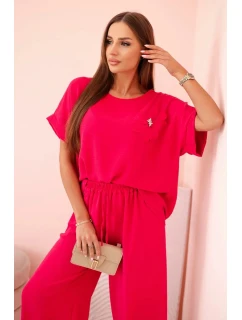 Dámský komplet z viskózy s ozdobným květem a širokými kalhotami - fuchsie