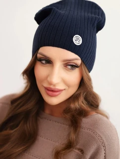 Dámská čepice s proužkem a ozdobným knoflíkem s přídavkem vlny a modalu modrá