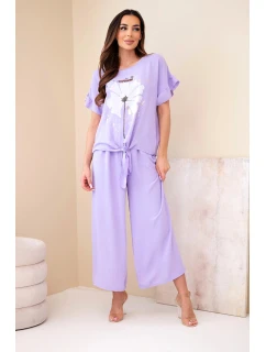 Dámský viskózový komplet s halenkou s potiskem a kalhotami světle fialový
