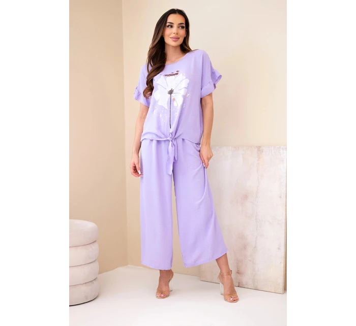 Dámský viskózový komplet s halenkou s potiskem a kalhotami světle fialový
