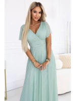 dlouhé třpytivé šaty s výstřihem a krátkými rukávy pistáciová barva model 22019068 - numoco basic