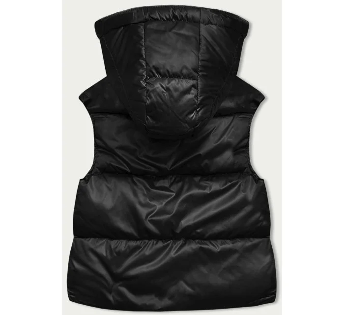 Krátká černá dámská vesta s kapucí (B8156-1)