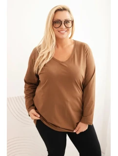 Dámská blůza Plus Size s výstřihem do V a dlouhým rukávem hnědá