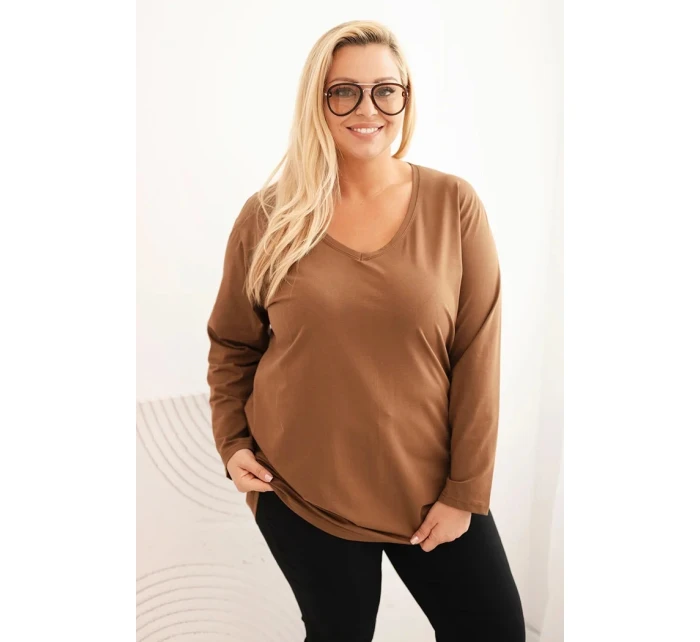 Dámská blůza Plus Size s výstřihem do V a dlouhým rukávem hnědá Dámská blůza Plus Size s výstřihem do V a dlouhým rukávem hnědá