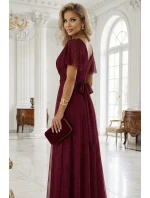 635-5 MELANIA dlouhé lesklé šaty s výstřihem a krátkými rukávy - vínové 635-5 MELANIA dlouhé lesklé šaty s výstřihem a krátkými rukávy - vínové