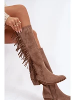 Dámské kozačky na podpatku s třásněmi zateplené khaki Firlina Dámské kozačky na podpatku s třásněmi zateplené khaki Firlina