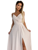 CHIARA - Elegantní béžové dlouhé dámské maxi šaty na ramínkách s brokátem 299-15