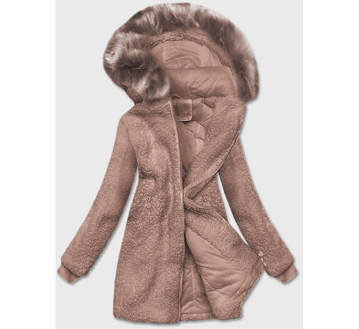 Béžová dámská bunda "beránek" s kapucí (H-1030-22)