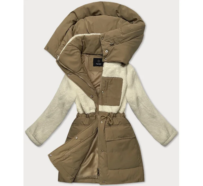 Béžovo-ecru bunda pro přechodné období z různých spojených materiálů (WD2351) Béžovo-ecru bunda pro přechodné období z různých spojených materiálů (WD2351)