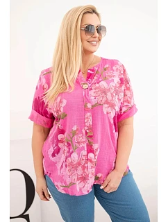 Dámská bavlněná halenka Plus Size s výstřihem do V v květinovém vzoru růžová