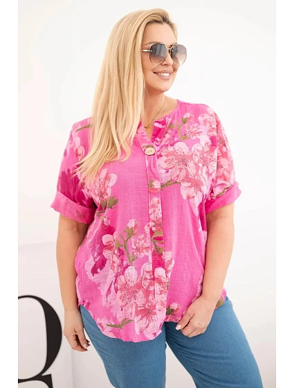 Dámská bavlněná halenka Plus Size s výstřihem do V v květinovém vzoru růžová