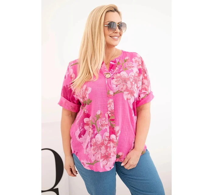 Dámská bavlněná halenka Plus Size s výstřihem do V v květinovém vzoru růžová