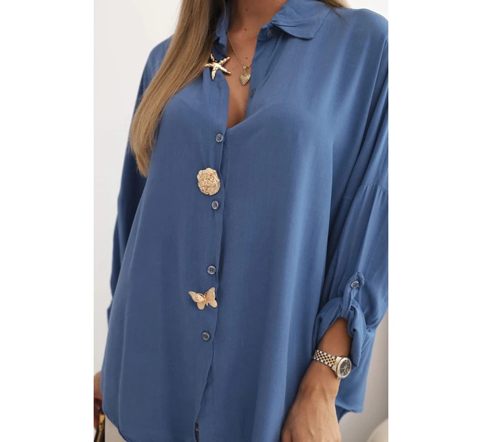 Dámská košile s viskózou a ozdobnými knoflíky a džínovým límcem modrá