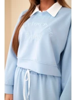 Dámský komplet máslová mikina s límečkem a rovné kalhoty modrý