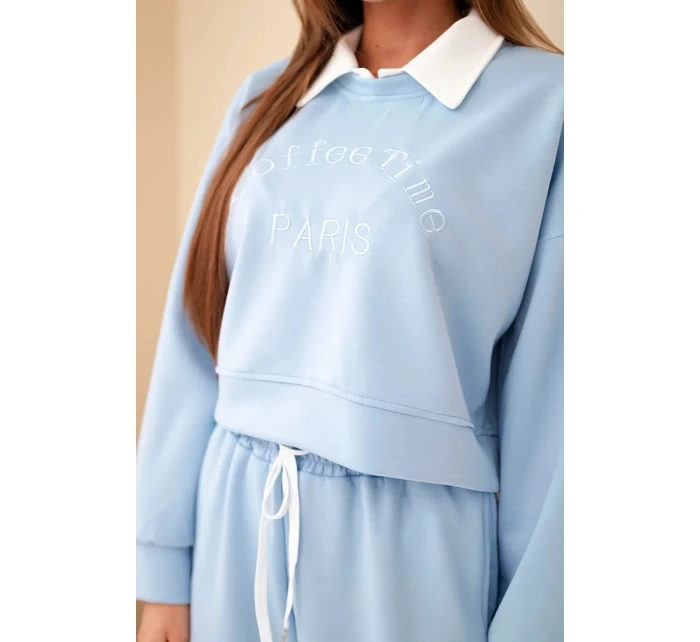 Dámský komplet máslová mikina s límečkem a rovné kalhoty modrý
