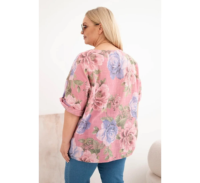 Dámská bavlněná halenka Plus Size s krátkým rukávem a květinovým vzorem tmavě růžová