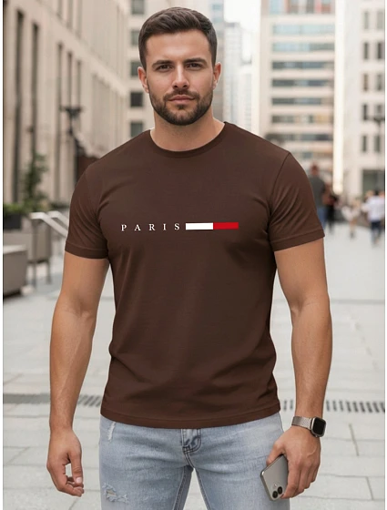 Pánské bavlněné tričko s nápisem PARIS, hnědé, FashionStreet NX5139R Pánské bavlněné tričko s nápisem PARIS, hnědé, FashionStreet NX5139R