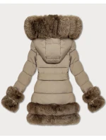 Tmavě béžová elegantní bunda pro přechodné období s kožešinou S'West (B8526-12)