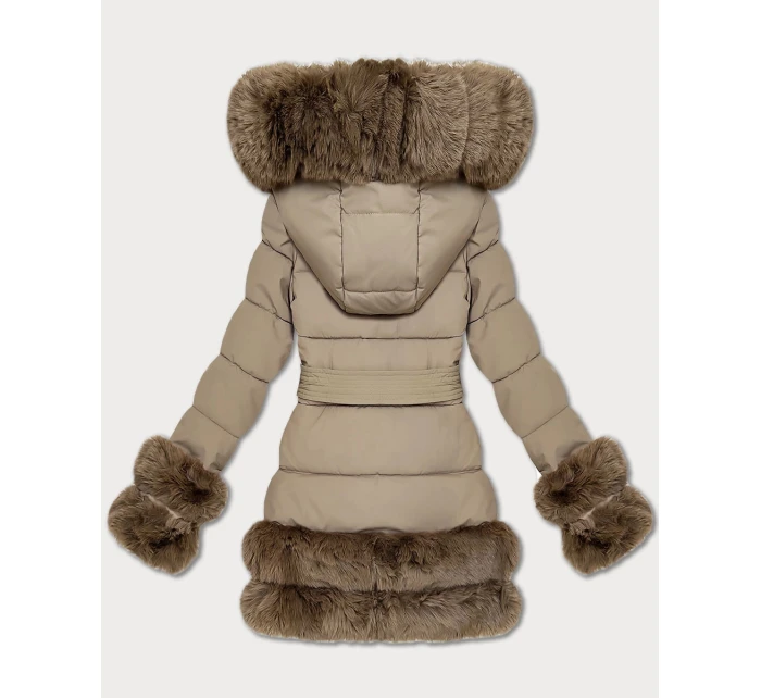 Tmavě béžová elegantní bunda pro přechodné období s kožešinou S'West (B8526-12)