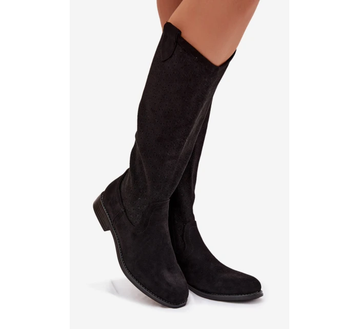 Dámské kozačky s otevřeným vzorem na nízkém podpatku S.Barski HY61-8022 Černé