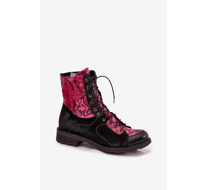 Kožené dámské boty z pravé kůže na nízkém podpatku Maciejka – černo-růžové