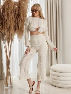 Dámský ažurový komplet v barvě ecru - crop top a dlouhé kalhoty (1978)