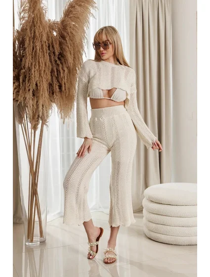 Dámský komplet v barvě ecru crop top a dlouhé kalhoty model 21115773 - MADE IN ITALY
