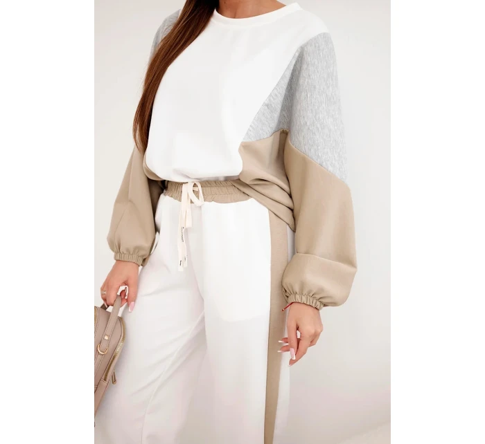 Dámský komplet s volnou mikinou a kalhotami s širokým nohavicemi camelový