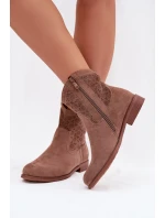 Dámské kotníkové boty na nízkém podpatku s krajkovým vzorem model 22007421 Hnědé - S.Barski Dámské kotníkové boty na nízkém podpatku s krajkovým vzorem model 22007421 Hnědé - S.Barski