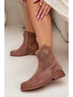 Dámské kotníkové boty na nízkém podpatku s krajkovým vzorem model 22007421 Hnědé - S.Barski Dámské kotníkové boty na nízkém podpatku s krajkovým vzorem model 22007421 Hnědé - S.Barski