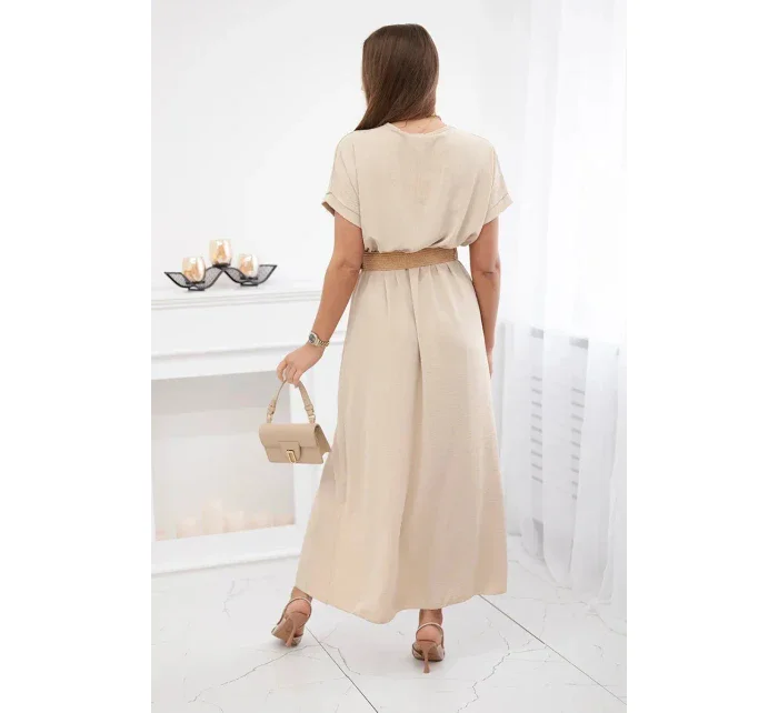 Dlouhé šaty s ozdobným páskem béžové Dlouhé šaty s ozdobným páskem béžové