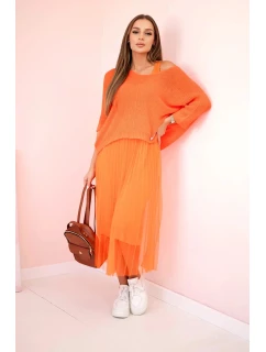 Plisované šaty s ažurovým model 20973379 pomeranč - K-Fashion
