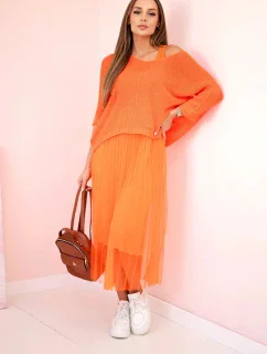 Plisované šaty s ažurovým model 20973379 pomeranč - K-Fashion