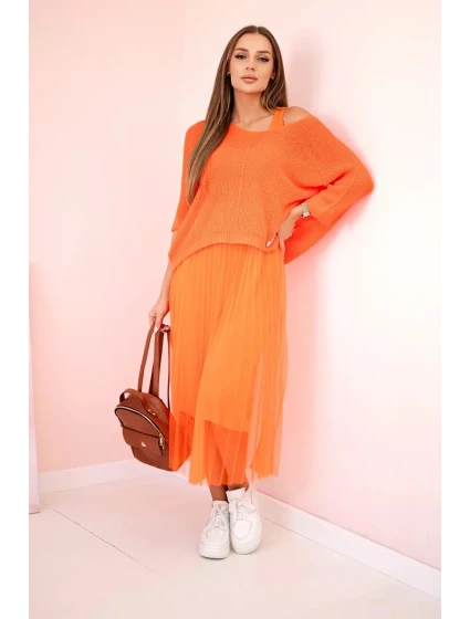 Plisované šaty s ažurovým model 20973379 pomeranč - K-Fashion