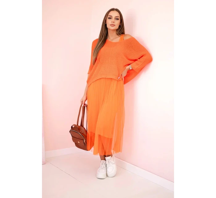 Plisované šaty s ažurovým model 20973379 pomeranč - K-Fashion