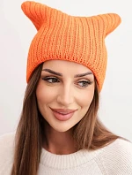 Dámská zimní čepice s vlnou v kočičím střihu z žebrované pleteniny K419 oranžová
