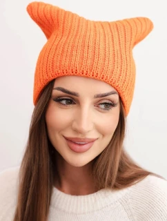 Dámská zimní čepice s vlnou v kočičím střihu z žebrované pleteniny K419 oranžová