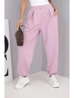 Dámské bavlněné kalhoty s vysokým pasem a ozdobným knoflíkem tmavě růžové