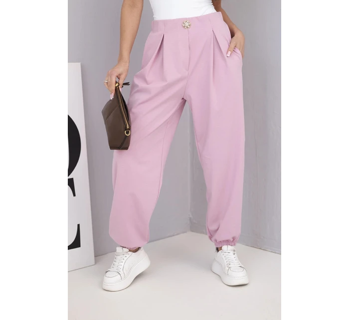 Dámské bavlněné kalhoty s vysokým pasem a ozdobným knoflíkem tmavě růžové