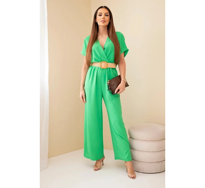 Kombinéza s ozdobným páskem v pase zelený