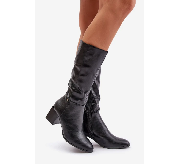 Zateplené kozačky na podpatku z eko kůže do poloviny lýtek černé Ellithira
