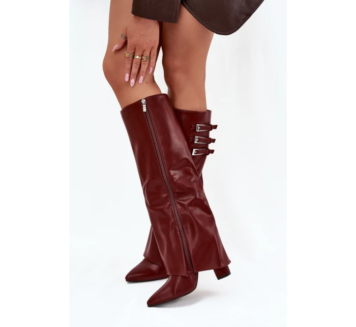 Dámské Kozačky Na Podpatku  Pásky S Přezkami Bordové model 21704830 - Boto