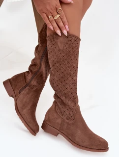 Dámské kozačky na plochém podpatku s prolamovaným vzorem S.Barski – hnědé