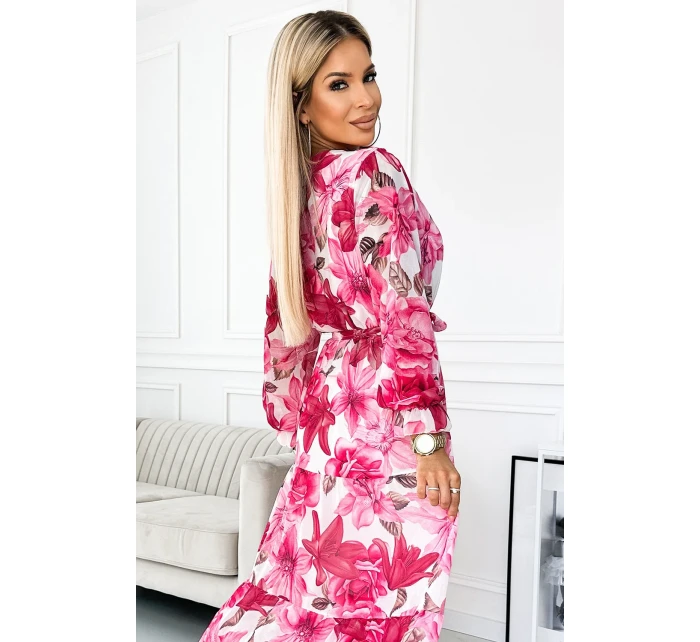 Dámské midi šaty s výstřihem, páskem a se vzorem růží na pozadí model 21819816 - numoco basic Dámské midi šaty s výstřihem, páskem a se vzorem růží na pozadí model 21819816 - numoco basic