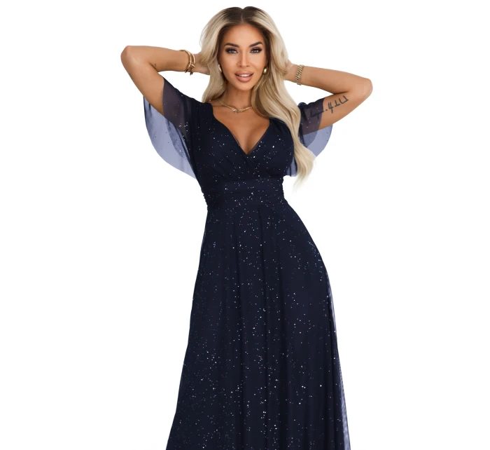 dlouhé lesklé šaty s výstřihem a krátkými rukávy tmavě modré model 21777396 - numoco basic dlouhé lesklé šaty s výstřihem a krátkými rukávy tmavě modré model 21777396 - numoco basic