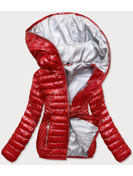 Červená prošívaná dámská bunda s kapucí (B9752)